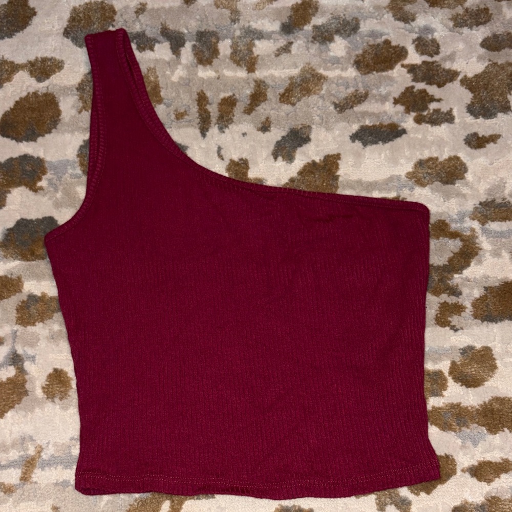 Garage One-Shoulder Burgundy Ribbed Crop Top